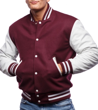 Elegant varsity maroon wool jacket with white leather sleeves