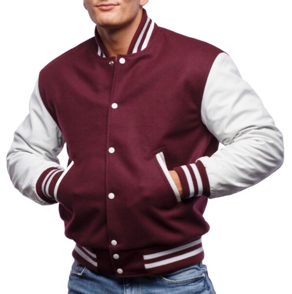 Elegant varsity maroon wool jacket with white leather sleeves