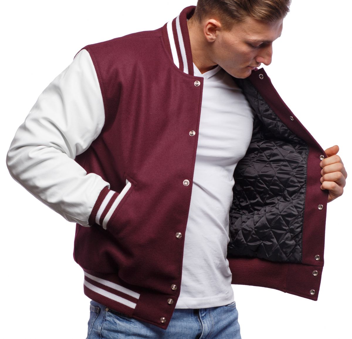 Elegant varsity maroon wool jacket with white leather sleeves