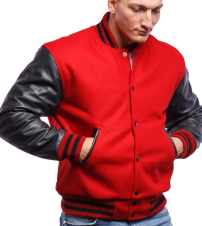 Red & Black Wool Varsity Jacket with Leather Sleeves