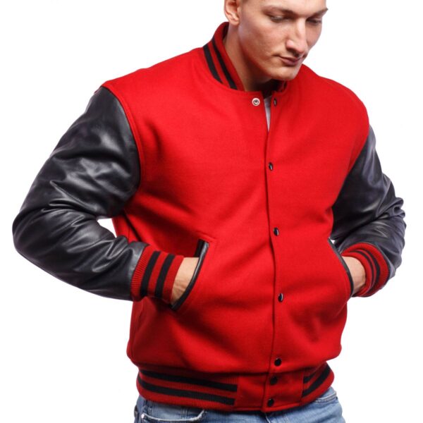 Red & Black Wool Varsity Jacket with Leather Sleeves