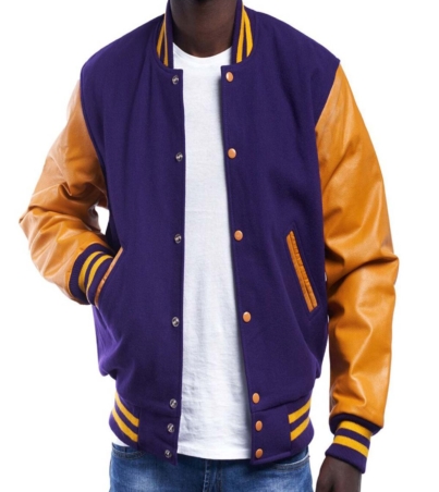 men's Modern Varsity Jacket - Purple Wool & Gold Leather Sleeves