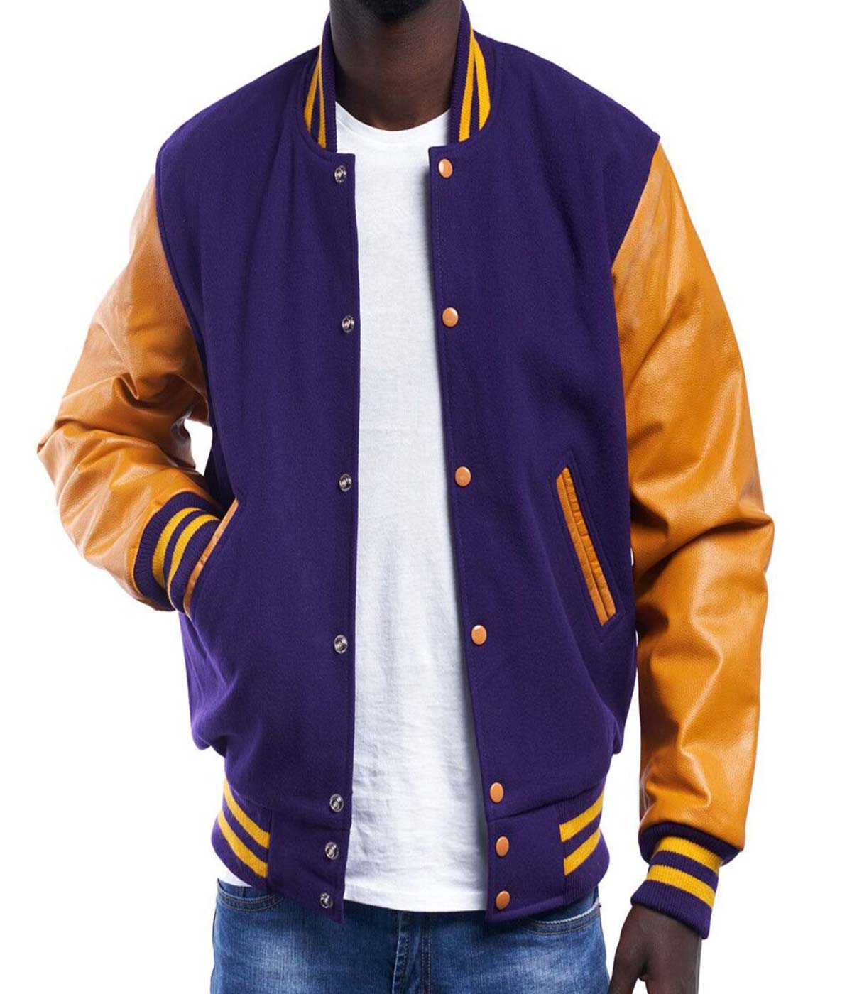 men's Modern Varsity Jacket - Purple Wool & Gold Leather Sleeves