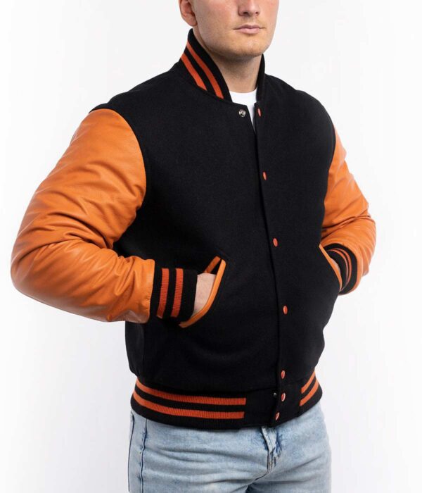 men's Black Wool Body Varsity Jacker with Orange Sleeve