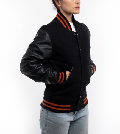 Stylish Ladies' Varsity Jacket in Black with Orange Stripes