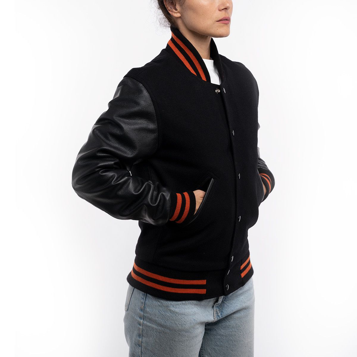 Stylish Ladies' Varsity Jacket in Black with Orange Stripes