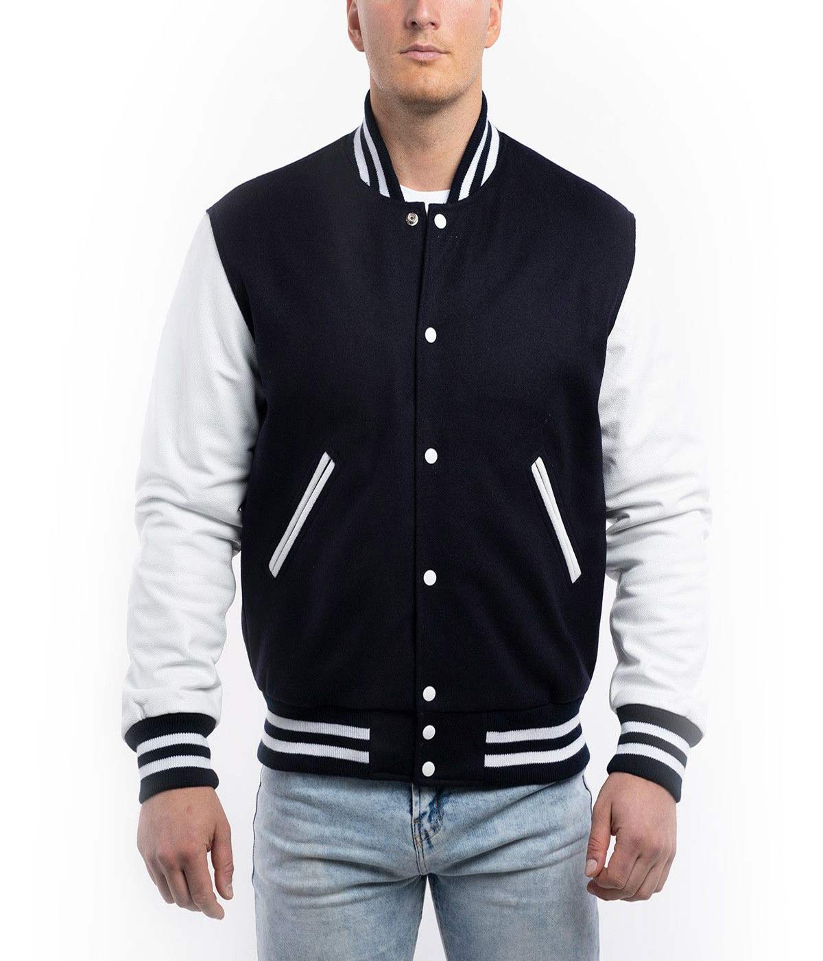 men's Navy Wool Body White Leather Varsity Jacket