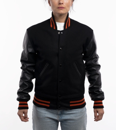 Stylish Ladies' Varsity Jacket in Black with Orange Stripes