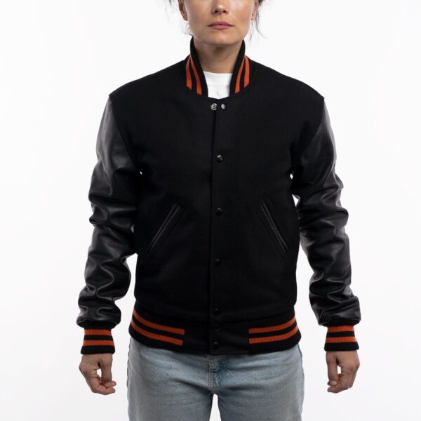 Stylish Ladies' Varsity Jacket in Black with Orange Stripes