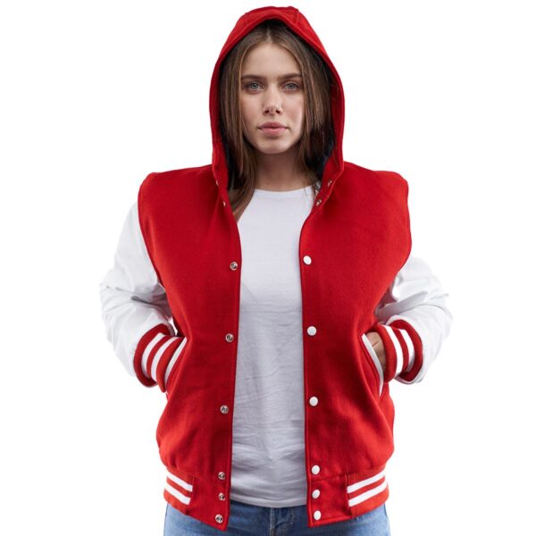 Bold Scarlet & Crisp White Hooded Letterman Jacket