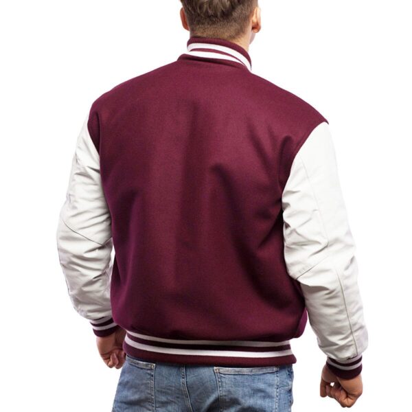 Elegant varsity maroon wool jacket with white leather sleeves