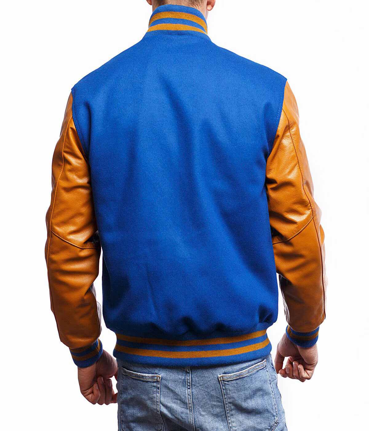 men's Varsity Jacket Wool Royal Body Old Gold Sleeves