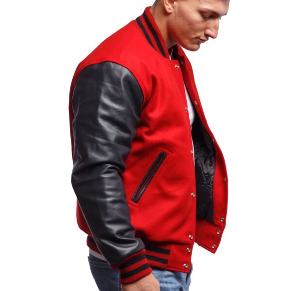 Red Wool Body and Sleeved Varsity Jacket with Black Leather Trim