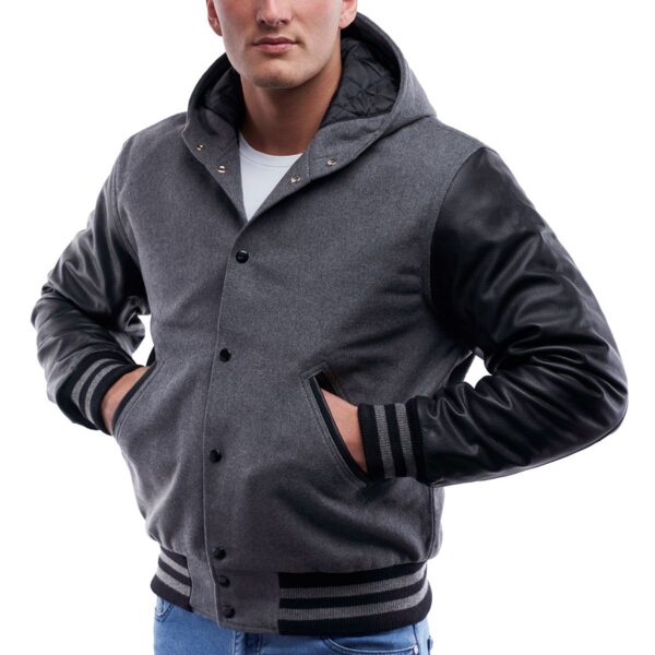 Varsity Jacket Letterman Hoodie Light Oxford Wool Body Black