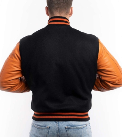 men's Black Wool Body Varsity Jacker with Orange Sleeve