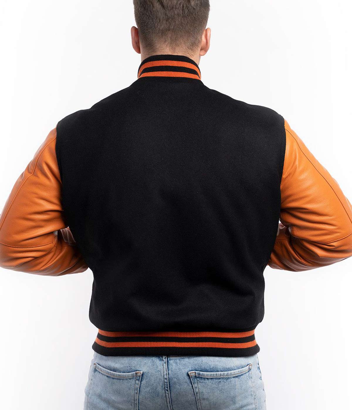 men's Black Wool Body Varsity Jacker with Orange Sleeve