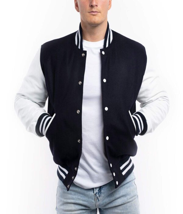 men's Navy Wool Body White Leather Varsity Jacket