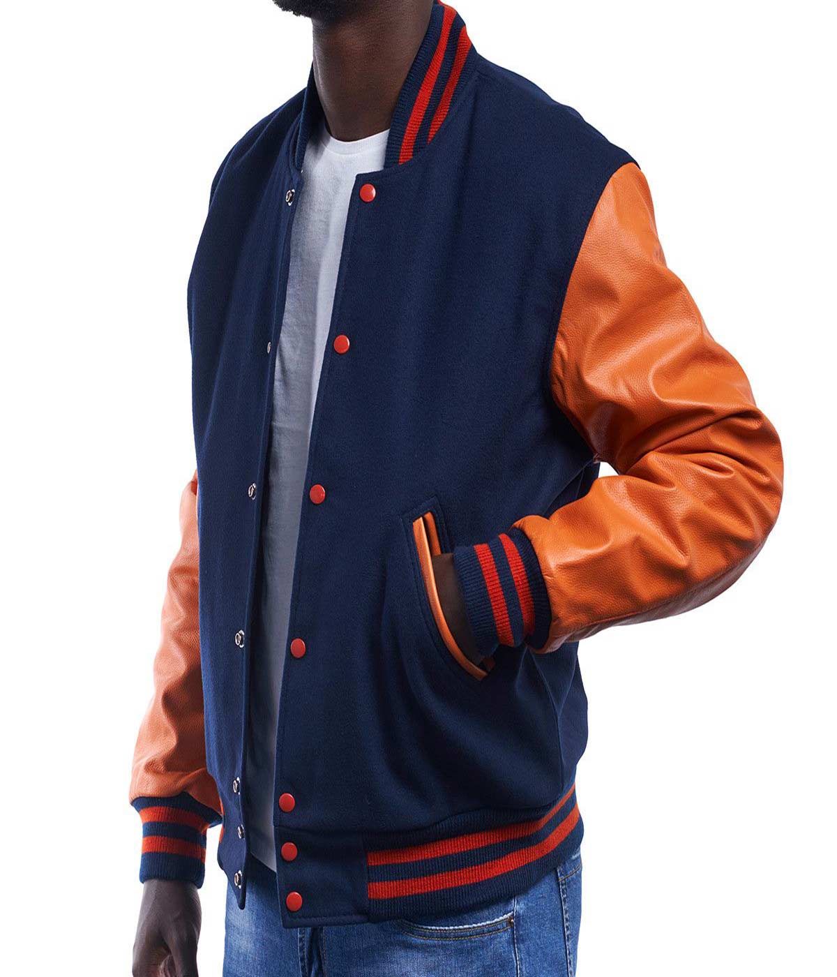 Professional Varsity Jacket Royal Wool Orange Leather Sleeves