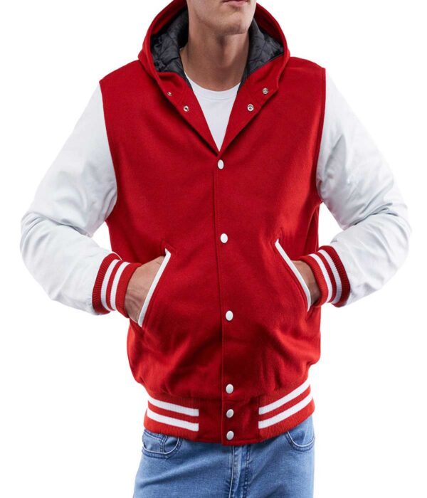 men's Varsity Jacket with Scarlet Body, White Sleeve Hoodie