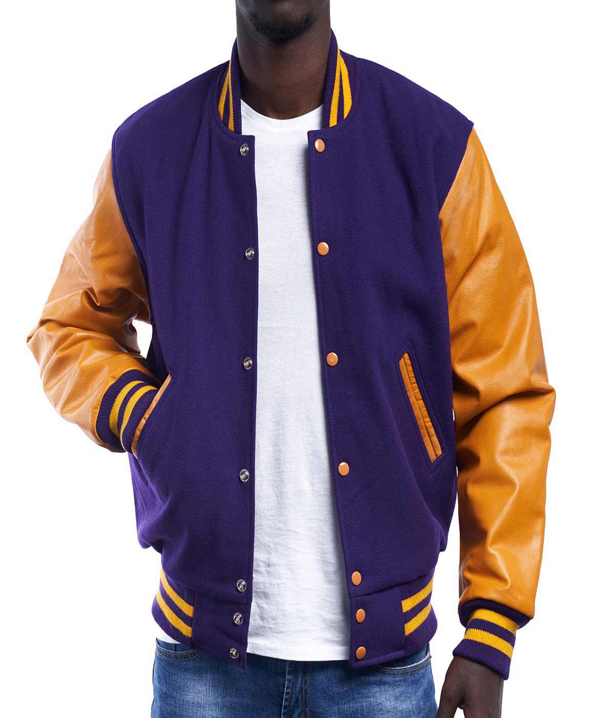 men's Modern Varsity Jacket - Purple Wool & Gold Leather Sleeves