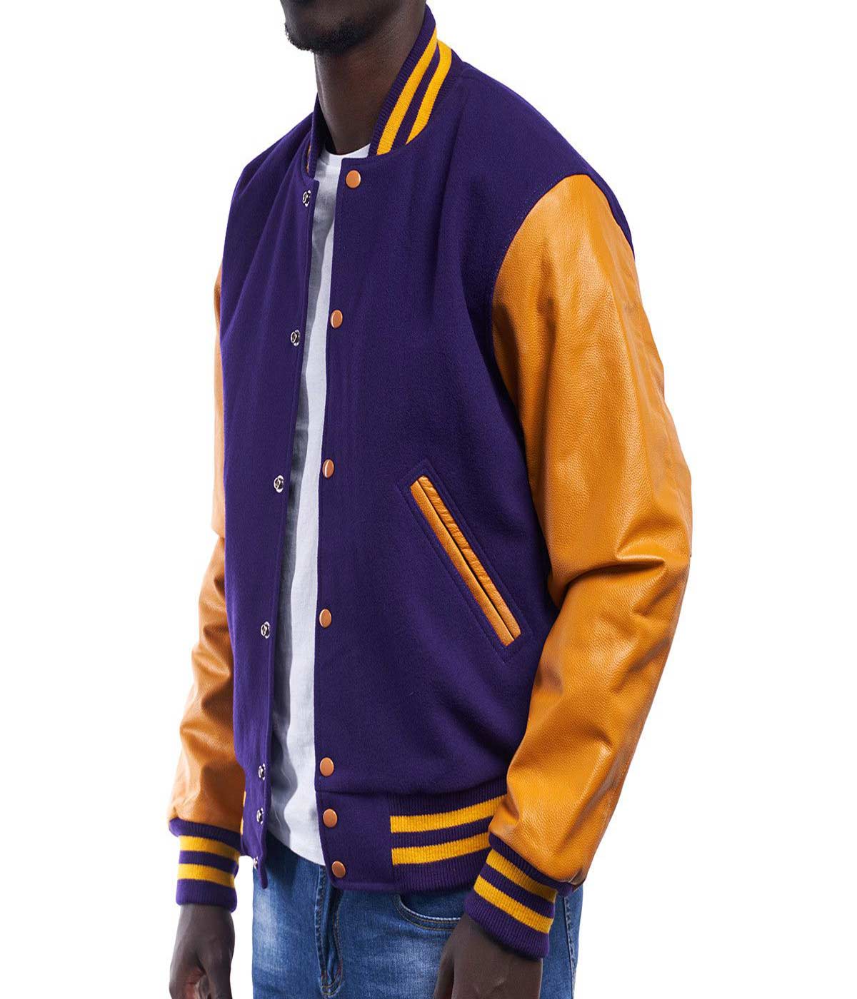 men's Modern Varsity Jacket - Purple Wool & Gold Leather Sleeves