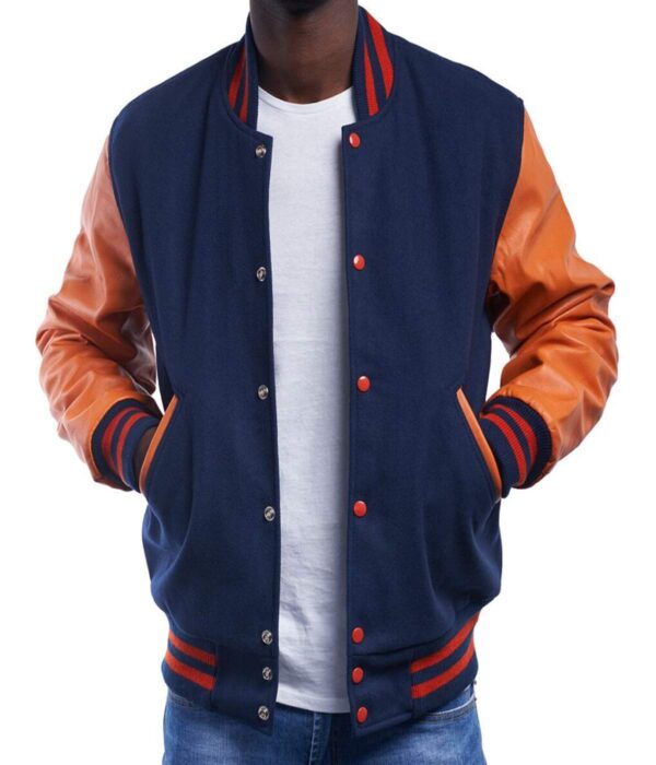 Professional Varsity Jacket Royal Wool Orange Leather Sleeves