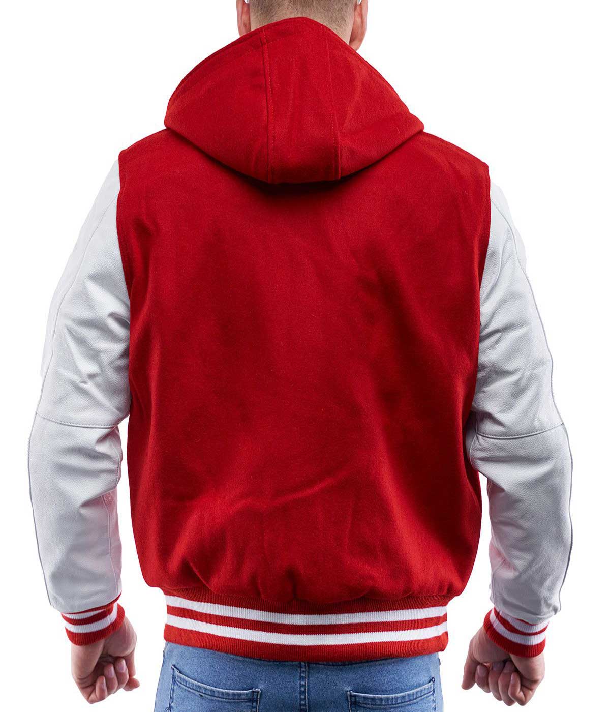 men's Varsity Jacket with Scarlet Body, White Sleeve Hoodie