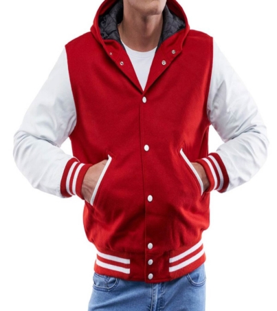 men's Varsity Jacket with Scarlet Body, White Sleeve Hoodie