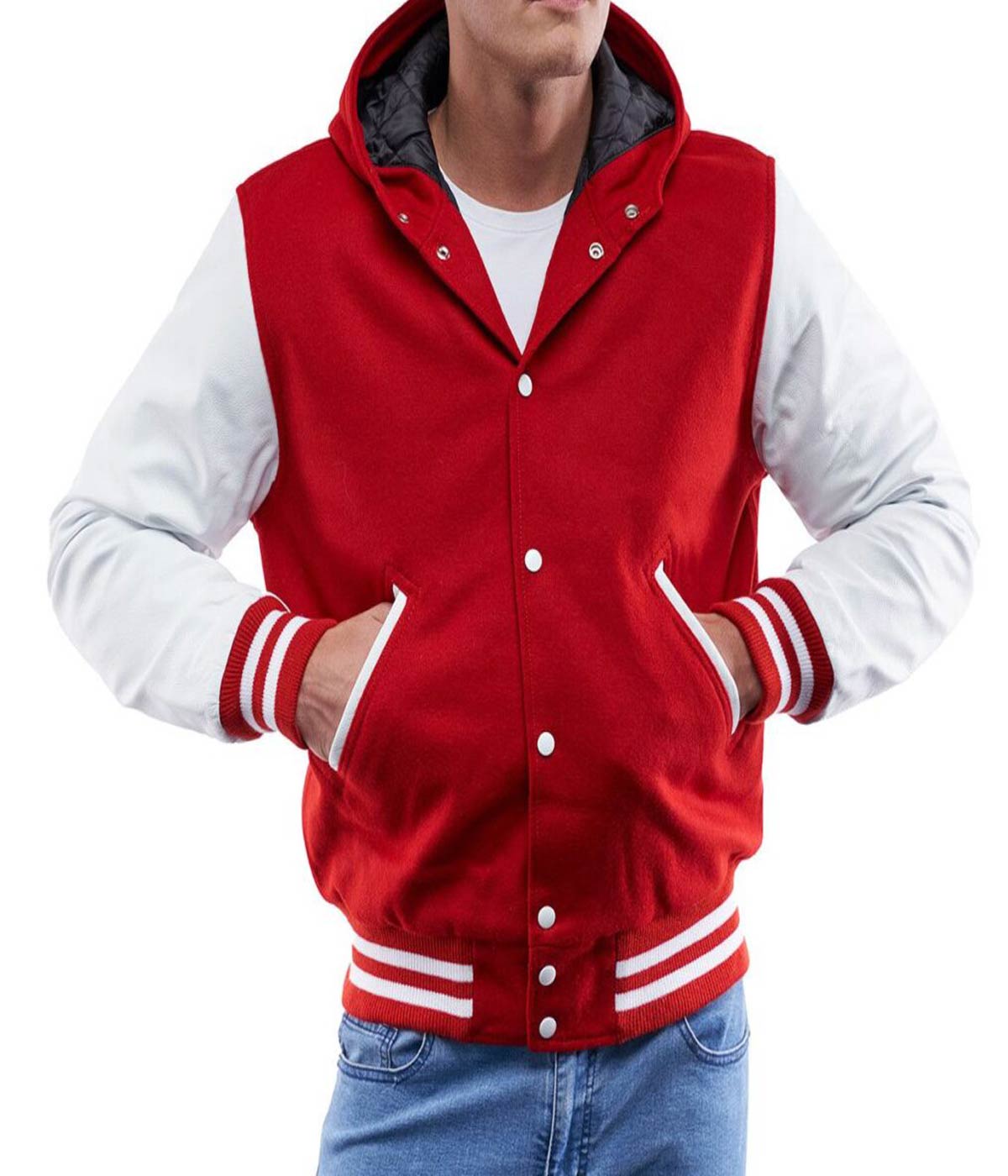 men's Varsity Jacket with Scarlet Body, White Sleeve Hoodie