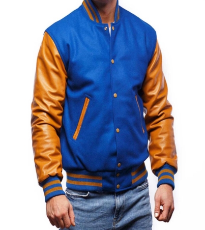 men's Varsity Jacket Wool Royal Body Old Gold Sleeves