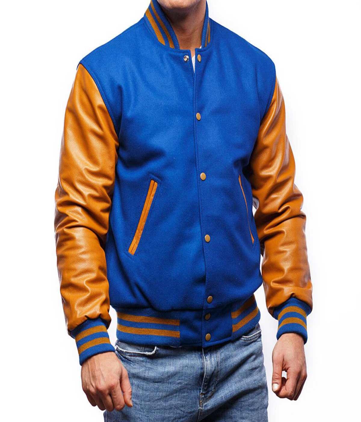 men's Varsity Jacket Wool Royal Body Old Gold Sleeves