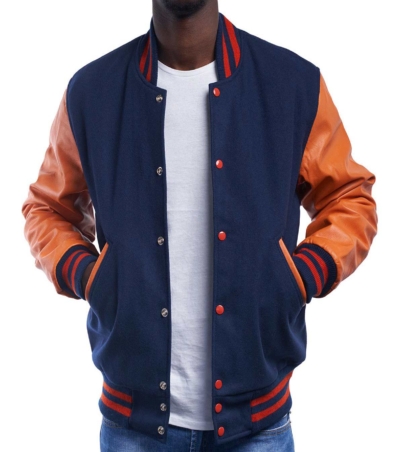 Professional Varsity Jacket Royal Wool Orange Leather Sleeves