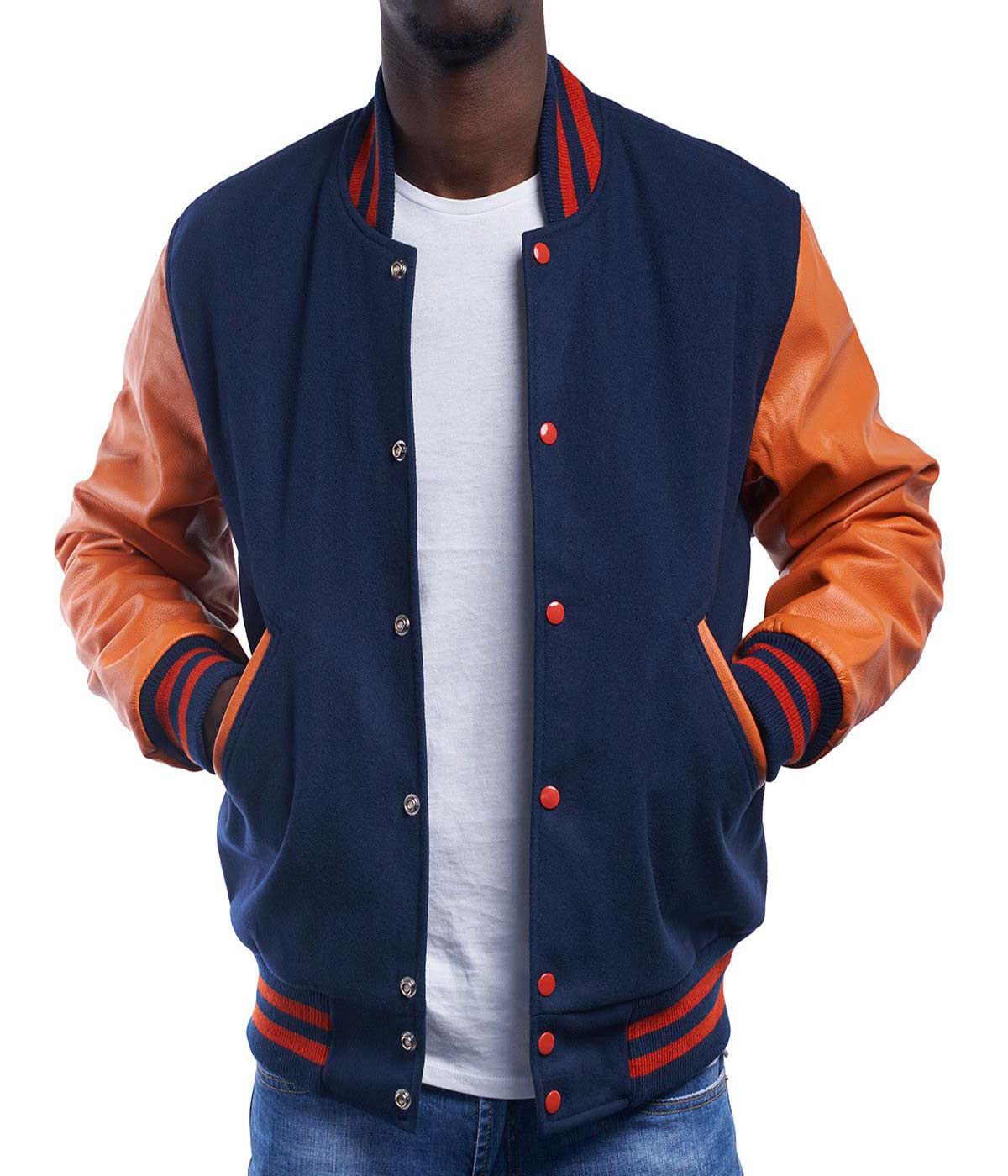 Professional Varsity Jacket Royal Wool Orange Leather Sleeves