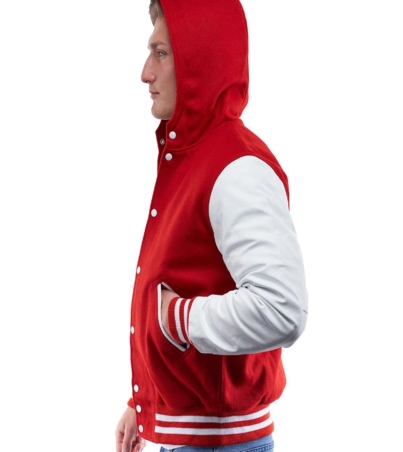 men's Varsity Jacket with Scarlet Body, White Sleeve Hoodie