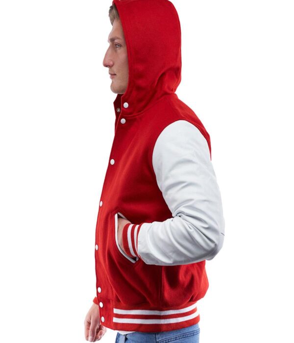 men's Varsity Jacket with Scarlet Body, White Sleeve Hoodie