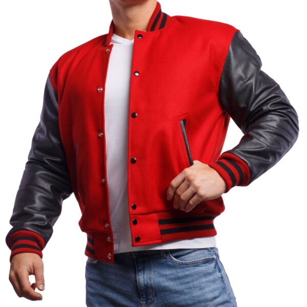 Red Wool Body and Sleeved Varsity Jacket with Black Leather Trim