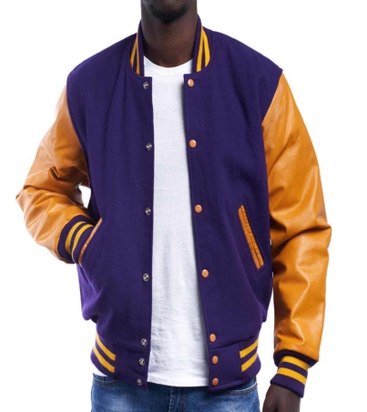 men's Modern Varsity Jacket - Purple Wool & Gold Leather Sleeves