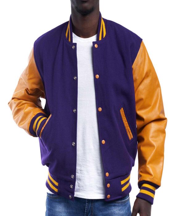 men's Modern Varsity Jacket - Purple Wool & Gold Leather Sleeves