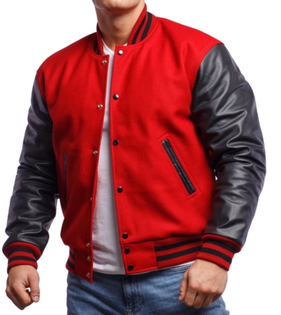 Red Wool Body and Sleeved Varsity Jacket with Black Leather Trim