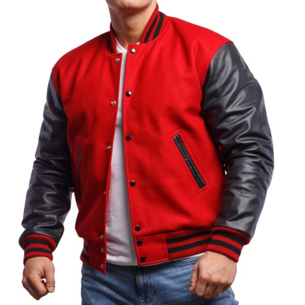 Red Wool Body and Sleeved Varsity Jacket with Black Leather Trim