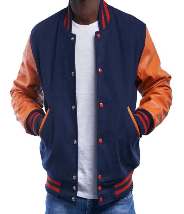 Professional Varsity Jacket Royal Wool Orange Leather Sleeves