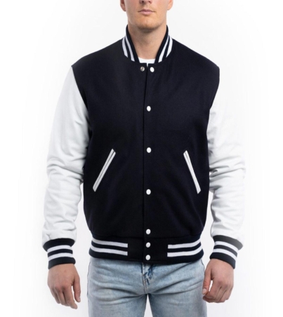 men's Navy Wool Body White Leather Varsity Jacket