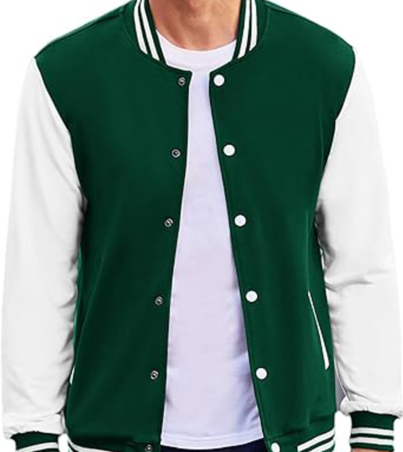 white and green wool varsity jacket with a casual slim fit