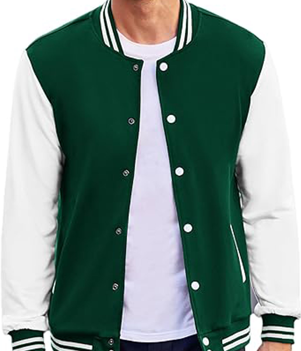 white and green wool varsity jacket with a casual slim fit