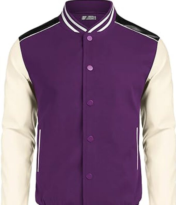 Purple Leather Sleeve Varsity Jacket for Men