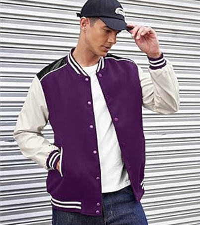 Purple Leather Sleeve Varsity Jacket for Men