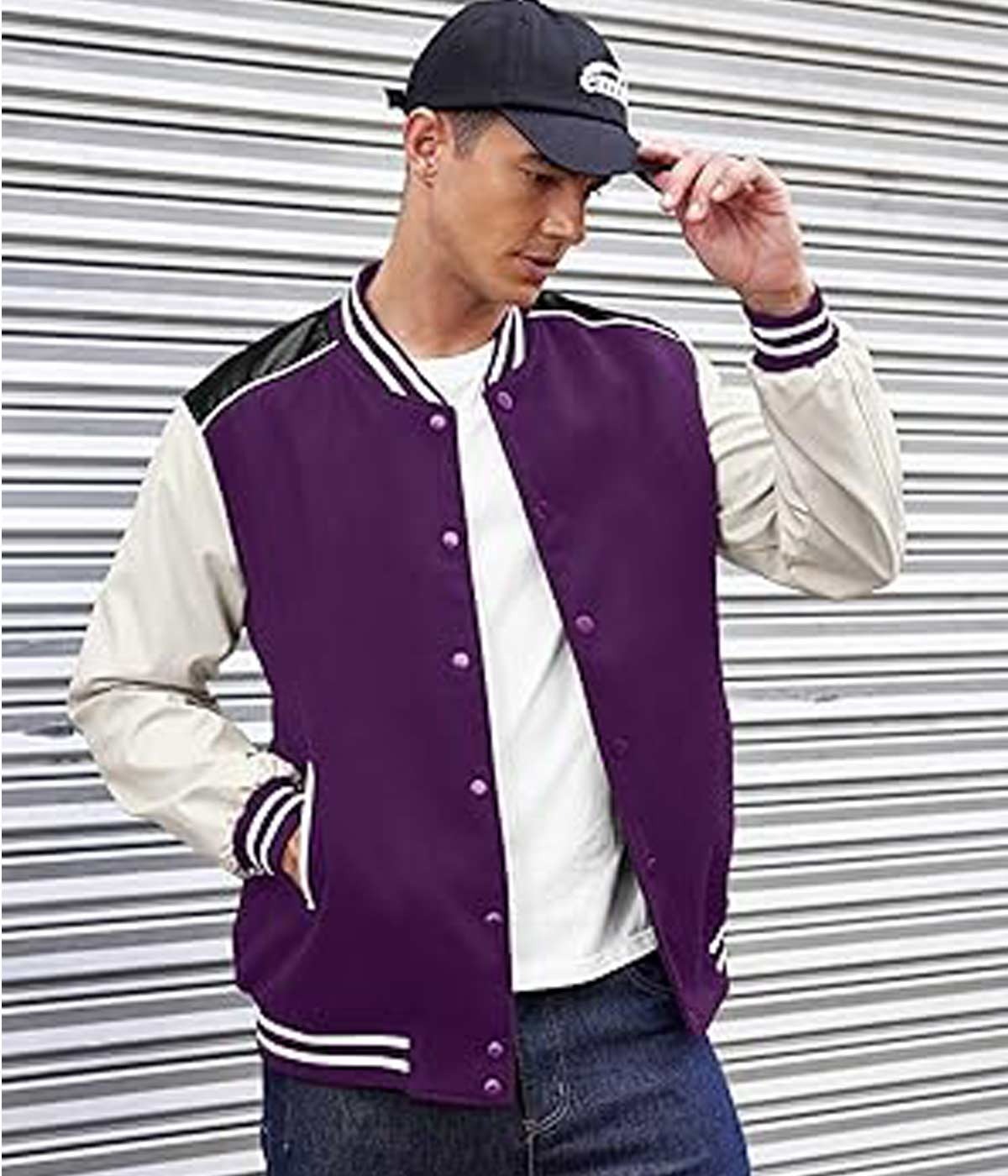 Purple Leather Sleeve Varsity Jacket for Men