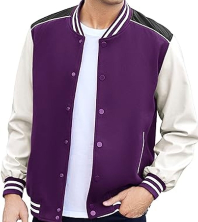 Purple Leather Sleeve Varsity Jacket for Men