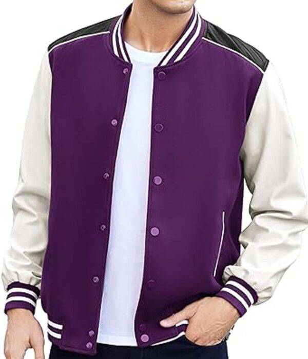 Purple Leather Sleeve Varsity Jacket for Men