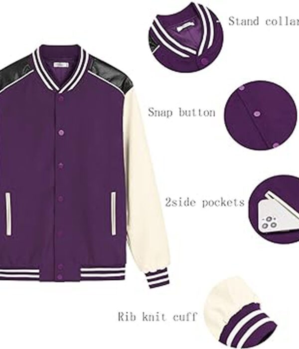 Purple Leather Sleeve Varsity Jacket for Men